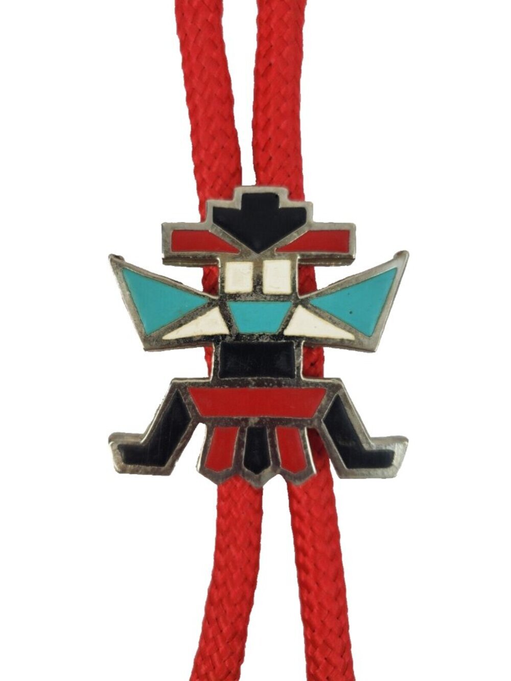 Vintage Bolo Tie Kachina Doll Enamel Inlay Slide Red Cord